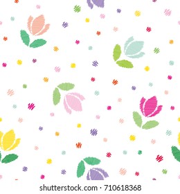 Floral seamless pattern background. Embroidery tulips and polka dots isolated on white.