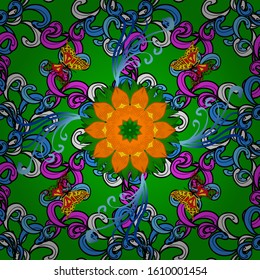 Floral seamless pattern background. Flower painting vector for t shirt printing. Flowers on blue, green and black colors.