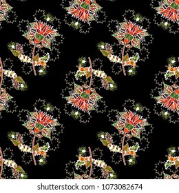 Floral seamless pattern background. Flowers on black, white, green and brown colors. Flower painting vector for t shirt printing.