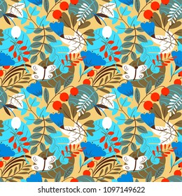 Floral seamless pattern. Background with flowers and leaves. Vector illustration with natural objects and plants and butterfy. Summer and spring design elements for backdrops, textile, surfaces