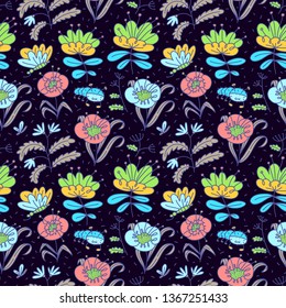Floral seamless pattern. Background with flowers and leaves. Vector illustration with natural objects and plants and butterfy. Summer and spring design elements for backdrops, textile,surfaces