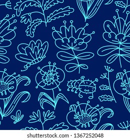 Floral seamless pattern. Background with flowers and leaves. Vector illustration with natural objects and plants and butterfy. Summer and spring design elements for backdrops, surfaces, fabrics