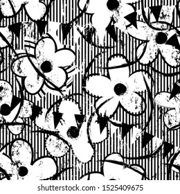 floral seamless pattern background, with flowers, stripes, paint strokes and splashes, black and white