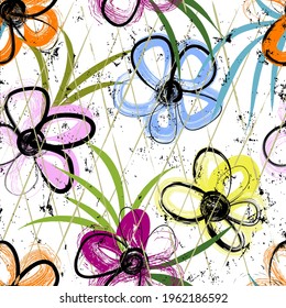 floral seamless pattern background, with flowers, leaves, stripes, paint strokes and splashes