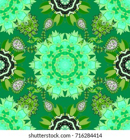 Floral seamless pattern background. Flowers on green, blue and black colors. Flower painting vector for t shirt printing.