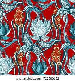 Floral seamless pattern background. Flowers on blue, red and neutral colors. Colour Spring Theme seamless pattern Background. Flat Flower Elements Design Vector illustration.