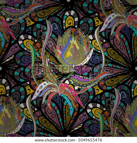 Floral seamless pattern background. Flowers on black, green and gray colors. Flower painting vector for t shirt printing.