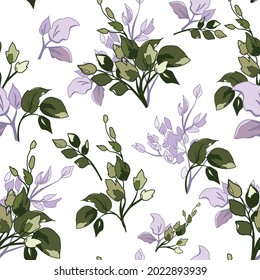 Floral Seamless Pattern Background with Green and Purple Leaves.