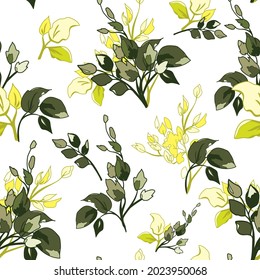 Fondo del patrón sin foco floral con hojas verdes y amarillas.