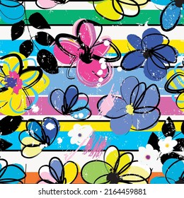 floral seamless pattern background, with horizontal stripes, leaves, strokes and splashes, colorful