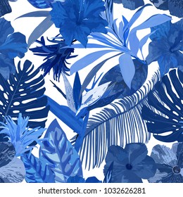 Floral seamless pattern. Background with isolated blue hand drawn tropical flowers and leaves on white background. Design for invitation, prints and cards. Vector illustration.