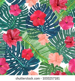 Floral seamless pattern. Background with isolated colorful hand drawn tropical flowers and leaves on white background. Design for invitation, prints and cards. Vector illustration.