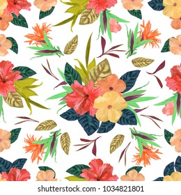 Floral seamless pattern. Background with isolated colorful hand drawn tropical flowers and leaves on white background. Design for invitation, prints and cards. Vector illustration.