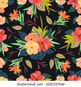Floral seamless pattern. Background with isolated colorful hand drawn tropical flowers and leaves on white background. Design for invitation, prints and cards. Vector illustration.