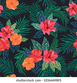 Floral seamless pattern. Background with isolated colorful hand drawn tropical flowers and leaves on black background. Design for invitation, prints and cards. Vector illustration.