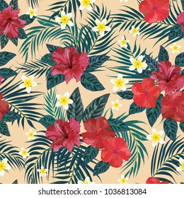 Floral seamless pattern. Background with isolated colorful hand drawn tropical flowers and leaves. Design for invitation, prints and cards. Vector illustration.