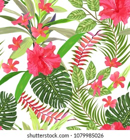 Floral seamless pattern. Background with isolated colorful hand drawn tropical flowers and leaves. Design for invitation, prints and cards. Vector illustration.