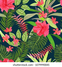 Floral seamless pattern. Background with isolated colorful hand drawn tropical flowers and leaves. Design for invitation, prints and cards. Vector illustration.