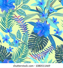 Floral seamless pattern. Background with isolated blue hand drawn tropical flowers and leaves. Design for invitation, prints and cards. Vector illustration.