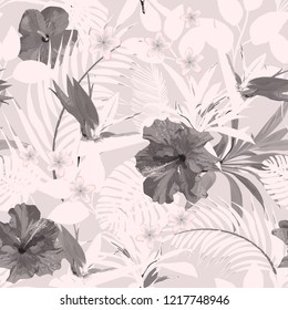 Floral seamless pattern. Background with isolated  hand drawn tropical pastel color flowers and leaves. Design for invitation, prints and cards. Vector illustration.