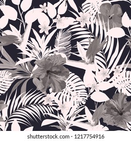 Floral seamless pattern. Background with isolated black and white hand drawn tropical flowers and leaves. Design for invitation, prints and cards. Vector illustration.