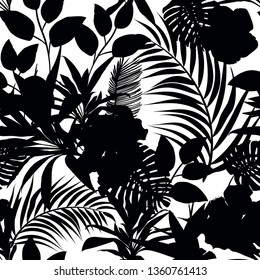 Floral seamless pattern. Background with isolated black silhouettes of hand drawn tropical flowers and leaves on white background. Design for invitation, prints and cards. Vector illustration.