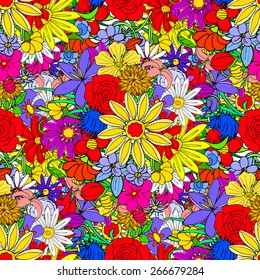 Floral seamless pattern background with leaves. Doodles ornament