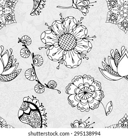 Floral seamless pattern background with leaves. Doodles ornament