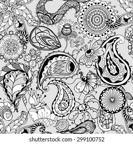 Floral seamless pattern background with leaves. Doodles ornament