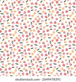 Fondo floral sin fisuras con hojas, flor rosa y flor amarilla