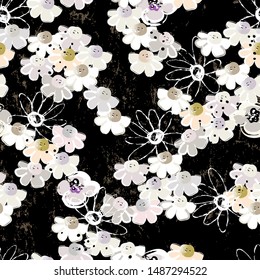 floral seamless pattern background, with little flowers, paint strokes and splashes, on black
