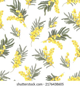 Floral seamless pattern background with mini bouquets of mimosas on a white background. Suitable for printing on fabric, textile, wrapping paper, decorative wallpaper, packaging, invitations.