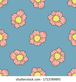 Fondo floral sin fisuras en azul. Tema de adorno de Doodles para su diseño. patrón de flores dibujado a mano