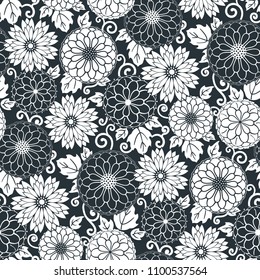 Floral seamless pattern background. Ornament with stylized flowers, leaves and twirls. Classical monochrome design