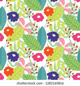 Floral seamless pattern background. Ornament with stylized leaves and flowers on hexagonal grid