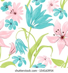 Floral seamless pattern or background, retro style over white