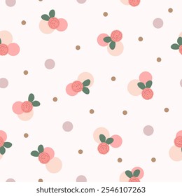 Floral seamless pattern background with roses and polka dots. Pastel flowers trendy colors for print, stationery, wrapping, textile, wallpaper, card, background, paper gift, scarf, phone case.