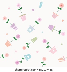 Floral seamless pattern background with roses in flowerpots. 