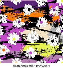 floral seamless pattern background, with small flowers, stripes, paint strokes and splashes