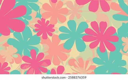 Floral seamless pattern background with soft pastel colors. Colorful flowers pattern. Spring flowers vector illustration. Fabric, textile, wallpaper, wedding, banner, decoration. Pink, orange, green.