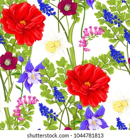 Floral seamless pattern, background with spring flowers. Isolated on white background. Vector illustration without gradients and transparency.