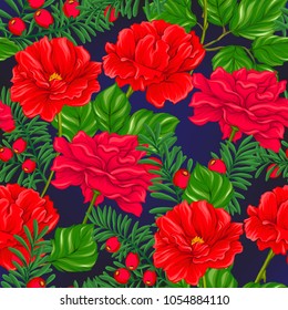 Floral seamless pattern, background with spring flowers on dark blue background. Vector illustration without gradients and transparency.
