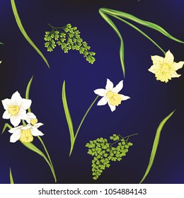 Floral seamless pattern, background with spring flowers on dark blue background. Vector illustration without gradients and transparency.