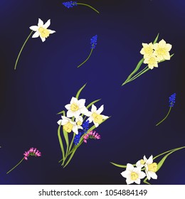 Floral seamless pattern, background with spring flowers on dark blue background. Vector illustration without gradients and transparency.
