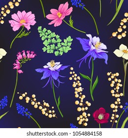 Floral seamless pattern, background with spring flowers on dark blue background. Vector illustration without gradients and transparency.