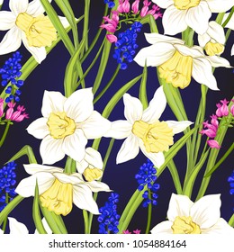 Floral seamless pattern, background with spring flowers on dark blue background. Vector illustration without gradients and transparency.