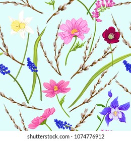 Floral seamless pattern, background with spring flowers on soft blue background. Vector illustration without gradients and transparency.