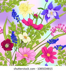 Floral seamless pattern, background with spring flowers in light ultra violet pastel colors on mesh pink, blue background. Vector illustration without gradients and transparency.
