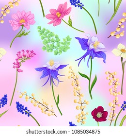 Floral seamless pattern, background with spring flowers in light ultra violet pastel colors on mesh pink, blue background. Vector illustration without gradients and transparency.