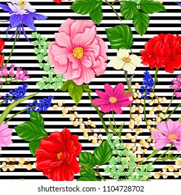 Floral seamless pattern, background with spring flowers. On black-and-white stripes background. Vector illustration without gradients and transparency.